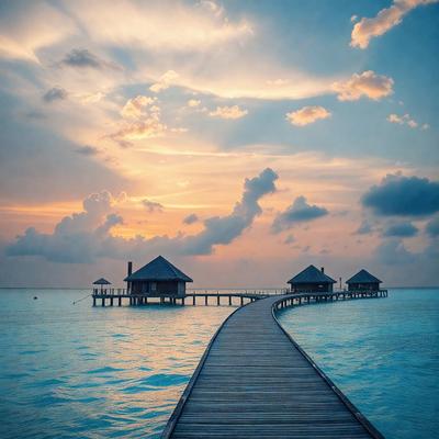 The primary subject of the image is a pier extending out into the ocean. The pier is surrounded by a beautiful blue ocean, and there are two small huts on the pier. The setting is a serene beach environment, with a cloudy sky in the background. The visual style of the image is a photo, capturing the natural beauty of the scene. The colors and mood of the image are calming and serene, with the blue ocean and cloudy sky creating a peaceful atmosphere.